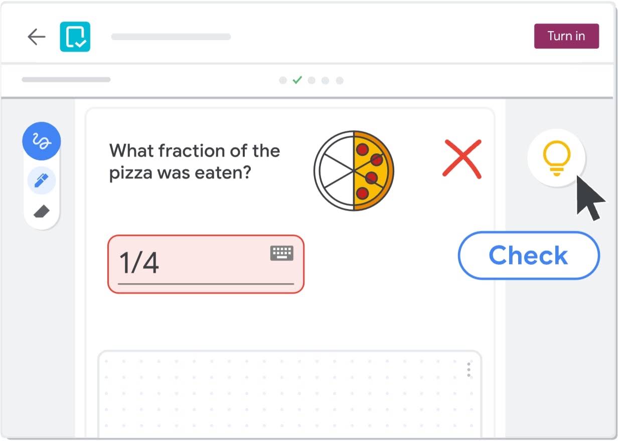An video of the Google Classroom user interface for students, in which someone is answering a math problem