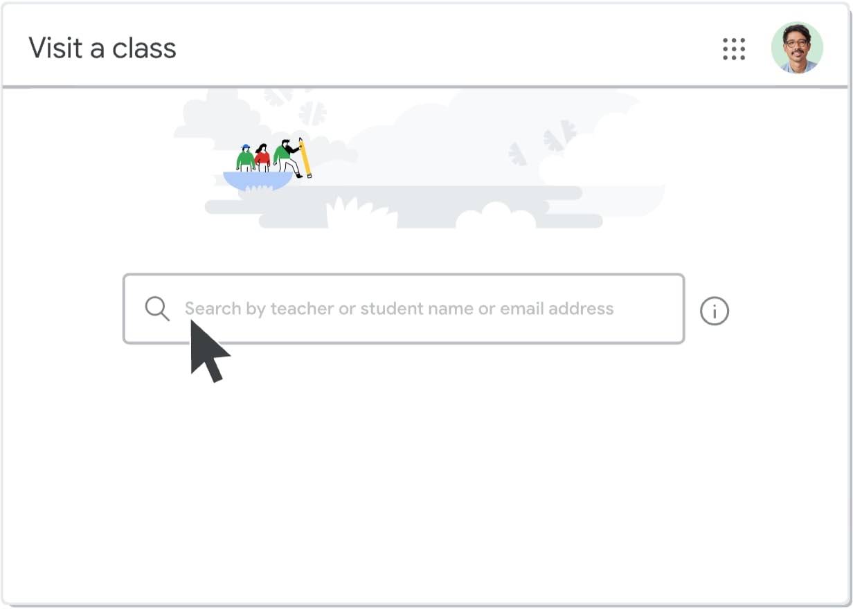 Looping animation of a Google Classroom interface showing how to virtually visit a class