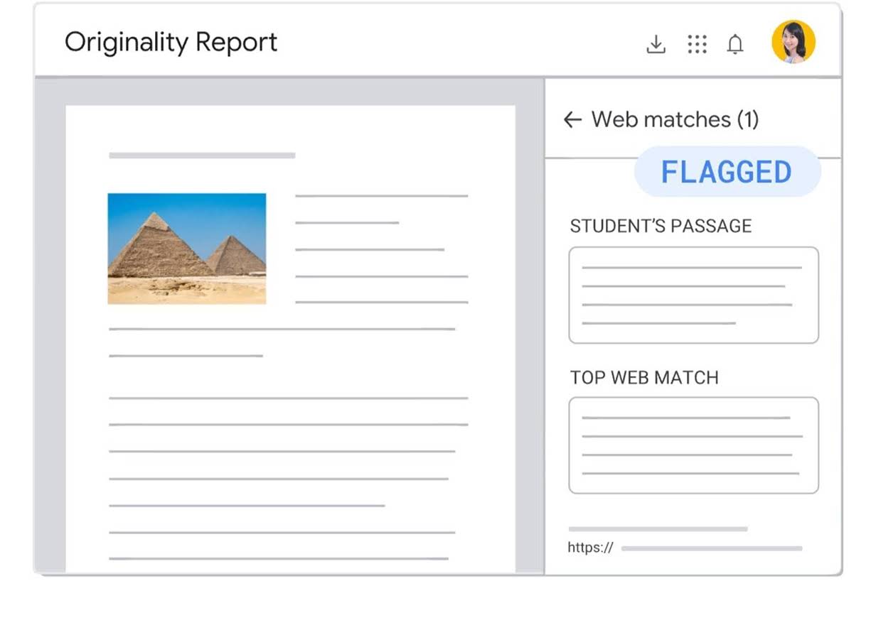Looping animation of a Google Classroom interface, showing student work being reviewed using the Originality Report tool