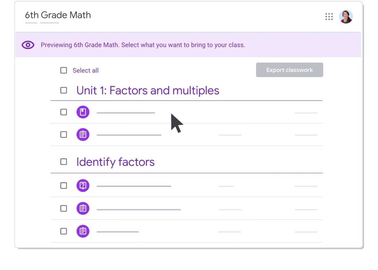 Looping animation of a Google Classroom interface, showing a lesson plan being exported to a specific class