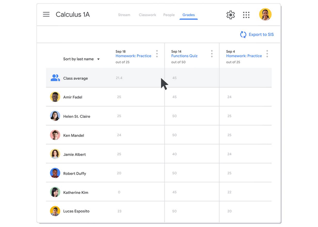 Looping animation of a Google Classroom interface showing how to export grading data to an SIS