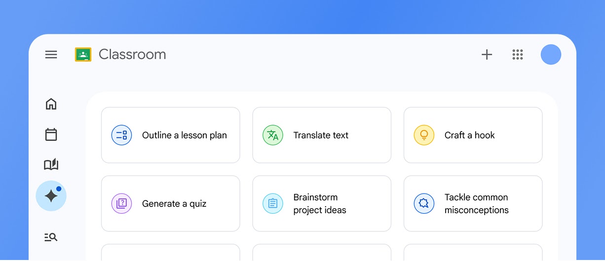 An example of a Google Classroom user interface displaying AI tools and features like “Outline a lesson plan”